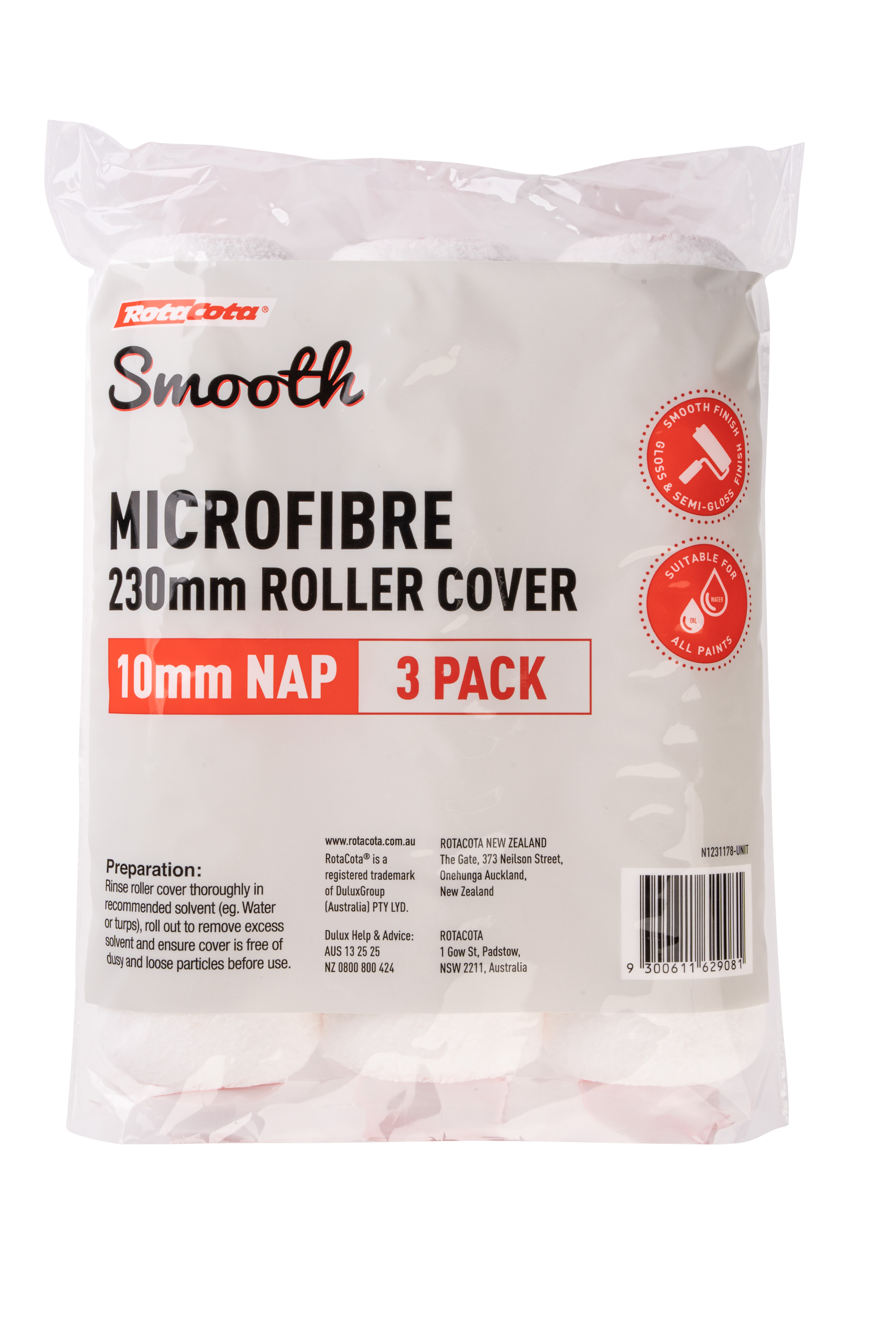 RotaCota Smooth Microfibre Roller Covers 10mmx230mm 3pk