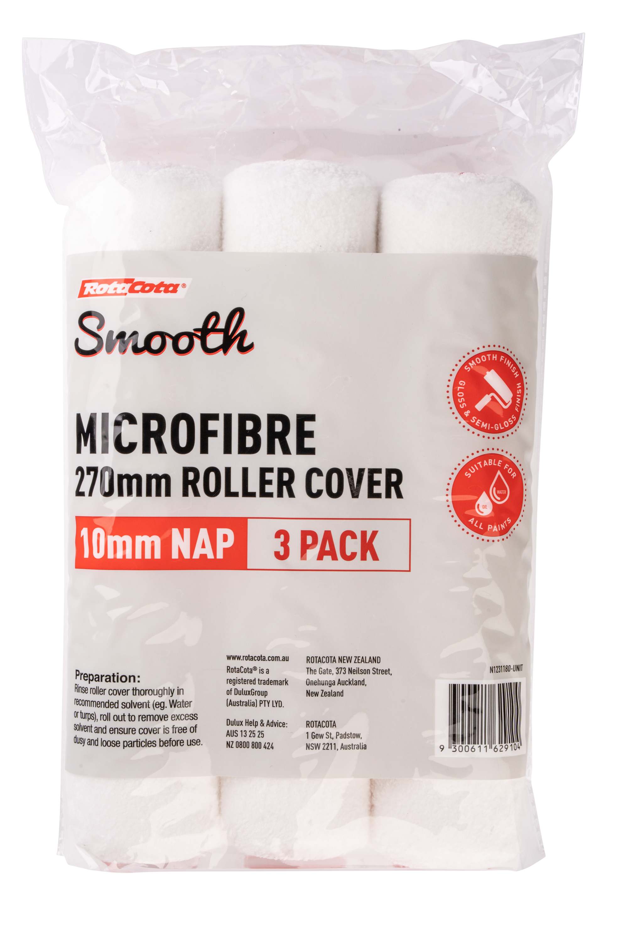 RotaCota Smooth Microfibre Roller Covers 10mmx270mm 3pk